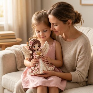 May include: A handcrafted crochet angel doll featuring brown yarn hair, a gold halo, and white wings. The doll wears a pink and white dress adorned with small crocheted flowers and holds a small gold heart in its center, showcasing intricate needlework.