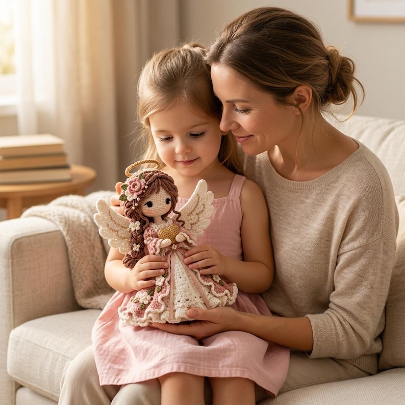 May include: A handcrafted crochet angel doll featuring brown yarn hair, a gold halo, and white wings. The doll wears a pink and white dress adorned with small crocheted flowers and holds a small gold heart in its center, showcasing intricate needlework.