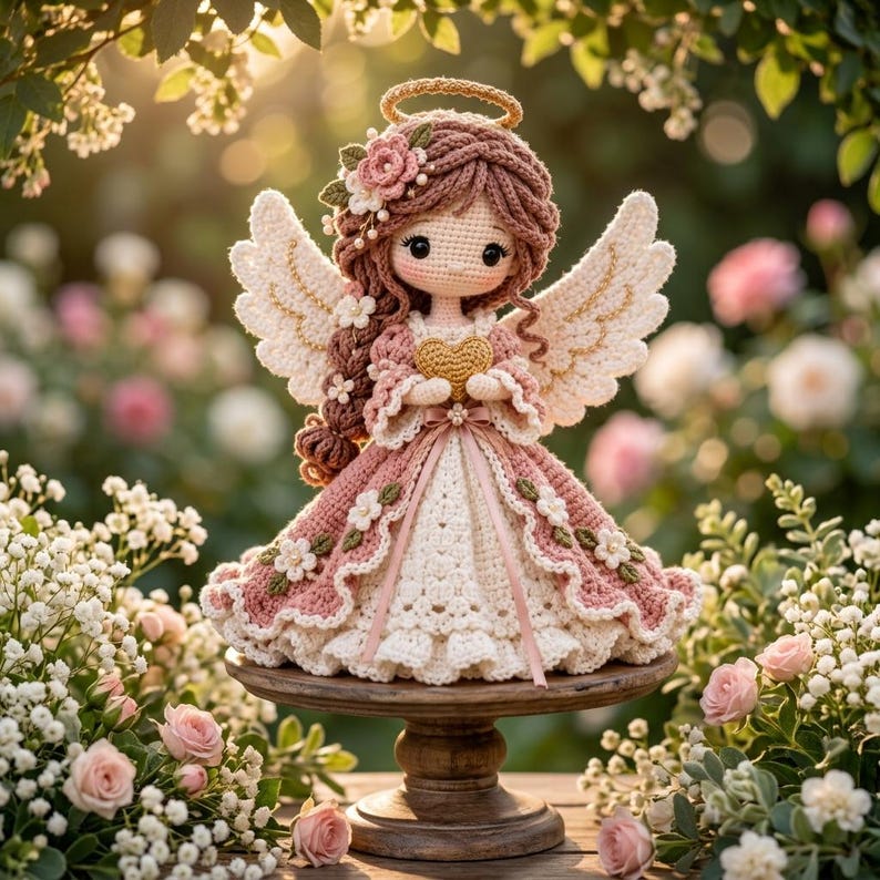 May include: A crocheted angel doll with brown yarn hair, a gold halo, and large white wings. The doll wears a dusty pink and cream dress adorned with small crocheted flowers and holds a small gold heart in its hands.
