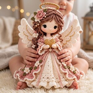 May include: A crocheted angel doll with brown yarn hair, a gold halo, and white wings. The doll wears a dusty pink dress with white floral accents and holds a small gold heart. The figure features intricate stitching, a cream-colored skirt, and a braided hairstyle adorned with pink flowers and small white pearls.