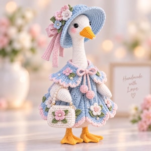 Könnte beinhalten: Eine gehäkelte Gänsepuppe, die einen hellblauen Sonnenhut mit rosa und weißen Blumen, ein passendes blaues Kleid mit gewelltem rosa Rand und Blumenverzierungen trägt. Die Gans trägt eine kleine weiße gehäkelte Handtasche mit Perlenhenkel.