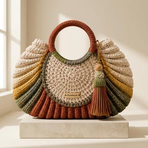 Peut inclure: Un sac à main en crochet en forme de croissant avec une anse circulaire et un design coloré en crème, vert olive, jaune moutarde et terre cuite. Une étiquette en bois marquée Handmade est fixée à l'avant, avec un pompon décoratif.