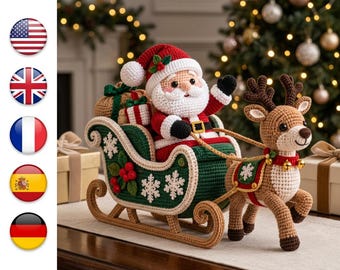 May include: A crocheted Santa Claus figure sitting in a dark green sleigh with white snowflake embroidery and red berry accents, pulled by a brown crocheted reindeer with a red collar and gold bells, carrying a sack of gifts in the back.