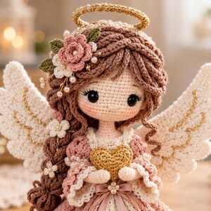 May include: A crocheted angel doll with brown yarn hair styled in a braid, adorned with pink and white flowers and pearls. The doll features a gold halo, large white wings with gold stitching, and a pink dress holding a gold crocheted heart.