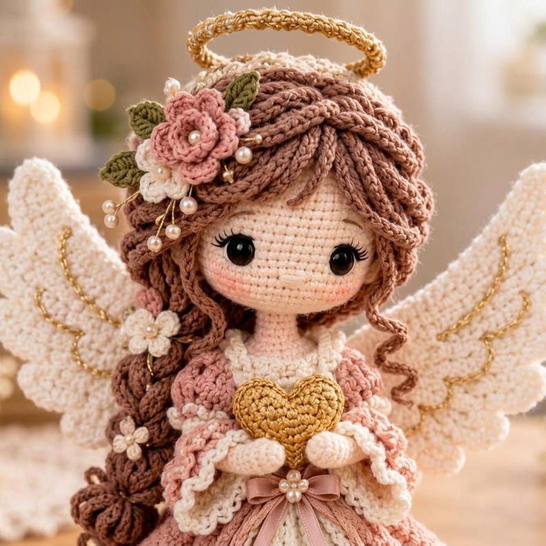 May include: A crocheted angel doll with brown yarn hair styled in a braid, adorned with pink and white flowers and pearls. The doll features a gold halo, large white wings with gold stitching, and a pink dress holding a gold crocheted heart.