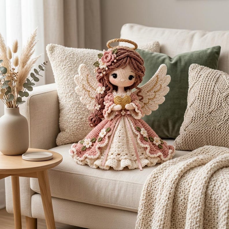 May include: A handcrafted crochet angel doll featuring brown yarn hair adorned with pink flowers, a gold halo, and large white wings. The doll wears a layered pink and cream dress with small floral accents and holds a small gold heart in its hands.