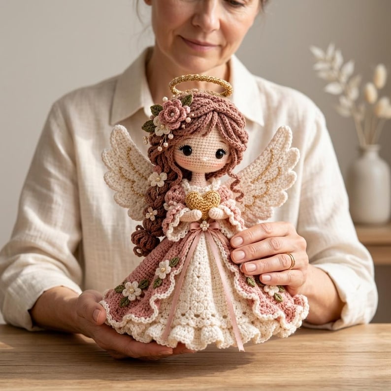 May include: A handcrafted crochet angel doll featuring brown yarn hair styled in a braid with small white flowers, a gold halo, and large textured wings. The doll wears a dusty pink and cream dress adorned with floral accents and holds a gold heart.