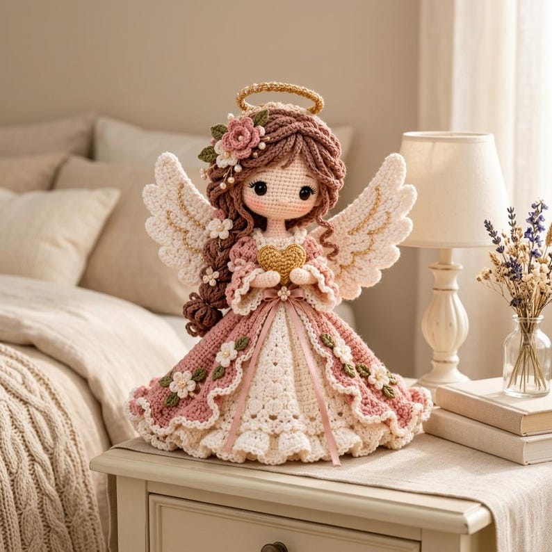May include: A crocheted angel doll with brown yarn hair, a gold halo, and large white wings. The doll wears a dusty pink and cream dress adorned with small white flowers and green leaves, and holds a small gold heart in its hands.