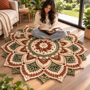 Può includere: Un grande tappeto circolare lavorato all'uncinetto a mano con un complesso motivo floreale a mandala. Il design presenta strati concentrici di petali nei toni del crema, verde salvia e marrone terracotta, con intricate lavorazioni traforate.
