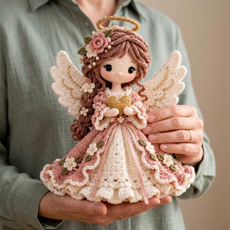 May include: A crocheted angel doll with brown yarn hair, a gold halo, and large white wings. The doll wears a dusty pink and cream dress adorned with small white flowers and green leaves, and holds a small gold heart in its hands.