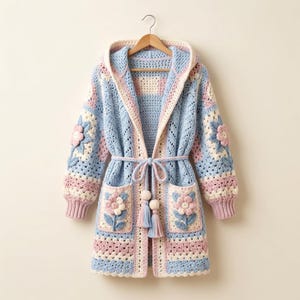 May include: A long-sleeved crochet cardigan featuring a hood, a tie-waist with tassels, and two front pockets. The garment is crafted in a pastel colour palette of light blue, soft pink, and cream, decorated with three-dimensional floral motifs.