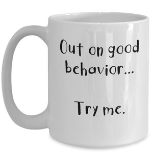 Out On Good Behavior, Try Me Funny Sarcastic Mug, Best Birthday Gift Mugs, Funny Sister Gifts, Coworker Funny Gifts, Funny Office Gift Mugs