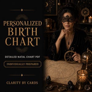 Könnte beinhalten: Eine digitale Grafik mit dem Text PERSONALIZED BIRTH CHART, DETAILED NATAL CHART PDF, INDIVIDUALLY PREPARED und CLARITY BY CARDS in goldener Schrift auf schwarzem Hintergrund sowie einer Illustration einer Person mit schwarzer Spitzenmaske.