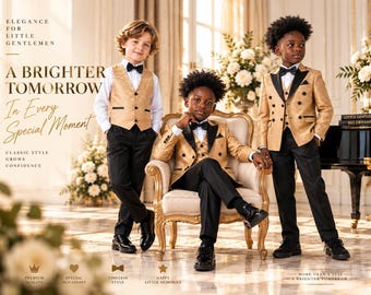 Boys Gold Wedding Suit, 5 Piece Ring Bearer Outfit, Formal Tuxedo, Birthday Ceremony Clothes