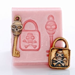 Small Skull and Cross Bones Key and Lock Silicone Mold Jewelry Craft Food Safe Mould Easy to use with Chocolate, Resin,Clay, Candy (536)