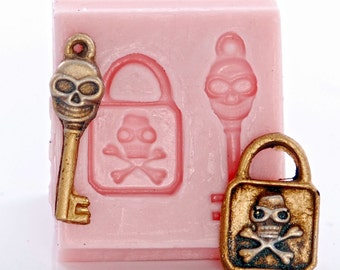 Small Skull and Cross Bones Key and Lock Silicone Mold Jewelry Craft Food Safe Mould Easy to use with Chocolate, Resin,Clay, Candy (536)