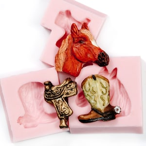 Cowboy boot, Saddle and Horse Head Silicone mold set, resin jewelry molds, polymer clay molds, food safe molds, western molds (202)