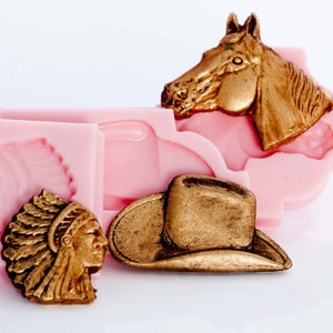 Silicone horse, Indian and cowboy hat mold set - jewelry molds, fimo molds, polymer clay molds, resin molds, cabochon molds (223)