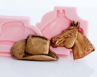 Silicone horse and cowboy hat mold set - jewelry molds, fimo molds, polymer clay molds, resin molds, cabochon molds, flexible molds  (222)