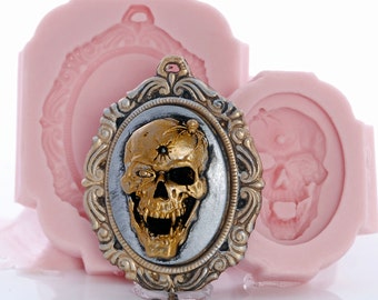 Moule en silicone Skull Cameo avec ensemble de moules Cameo Mount - Moule à bijoux - Moule en résine - Moule en argile - Sécurité alimentaire - Moule gothique du Jour des Morts (265