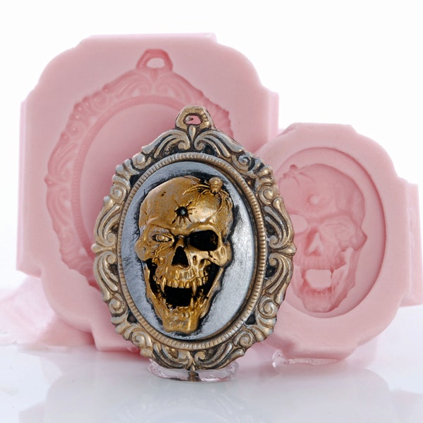 Skull Cameo Silicone Mold with Cameo Mount Mold Set - Jewelry Mold - Resin Mold - Clay Mold - Food Safe - Gothic Day of the Dead Mold (265