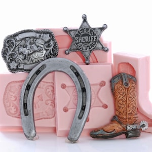 Silicone western mould set horse shoe belt buckle cowboy boot badge molds food safe fondant candy craft polymer clay resin air dry clay (254