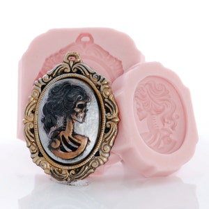 Silicone Molds Lolita Skull Day of the Dead Cameo and Cameo Mount Mold Set Jewelry Resin Metal Epoxy Wood Clay Wax - Food Safe Fondant (268)