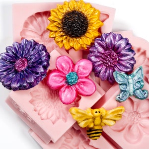 Flower Mold set - 6 Molds Butterfly, Sunflower, Bumble Bee, Flower, Daisy, and Large Daisy Silicone Mold for Polymer Clay, food, Resin (231)