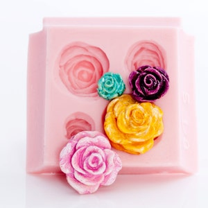Rose Flexible Silicone Mold makes four beautiful Roses at one time, great for polymer clay, wax, soap, resin, paper, metal, PMC  (518)