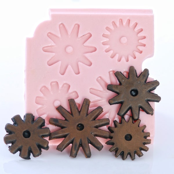 Steampunk Gear Mold Create large gears, cogs, cowboy spur rowels for jewelry or cake decorations, candy or fondant mold, resin, clay.  (831)