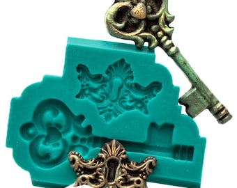 Mold Skeleton Key, Flexible Mold Creates Skeleton Key with a heart in middle - Food Safe Fondant Sugar Chocolate Art Craft Resin Clay  (847)