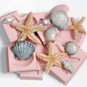Könnte beinhalten: Rosa Silikonformen in Form von Muscheln und Seesternen. Die Formen sind mit kleinen, silberfarbenen Muscheln und Seesternen gefüllt.
