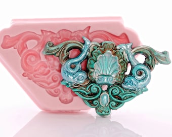 Silicone Mold Fancy Scrollwork Mold - fancy shell and fish scroll mold is food safe, fondant, chocolate gumpaste, crafts, resin, clay  (749)