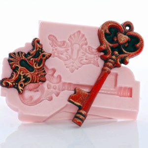 Mold Skeleton Key, Flexible Mold Creates Skeleton Key with a heart in middle - Food Safe Fondant Sugar Chocolate Art Craft Resin Clay  (847)
