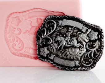Belt Buckle Mold (IMPERFECT/SLIGHT DEFECT) - Western, Cowboy Bull Riding Belt Buckle - food safe, fondant, resin  silicone mold (S934)
