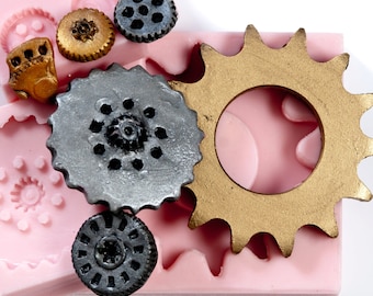 Gothic gear molds - steam punk silicone molds - set of 3 flexible molds that create 6 gears - fondant molds, candy molds, resin molds (227)