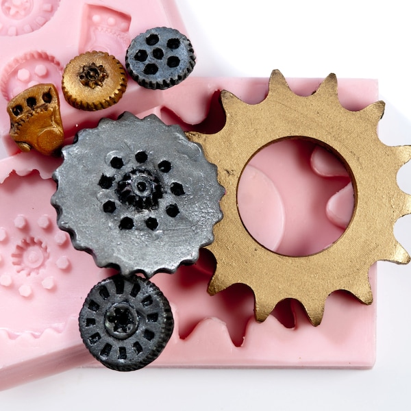 Gothic gear molds - steam punk silicone molds - set of 3 flexible molds that create 6 gears - fondant molds, candy molds, resin molds (227)