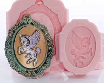 Unicorn Cameo Silicone Mold with Cameo Mount Mold Set - Jewelry Mold - Resin Mold - Clay Mold - Food Safe Mold - Chocolate Fondant Mold (264