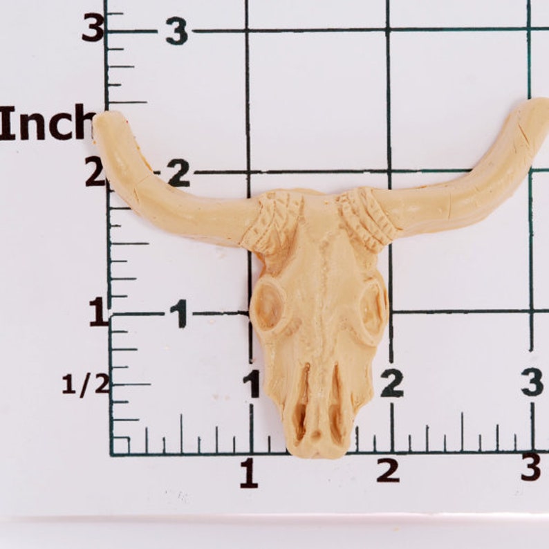 May include: A beige ceramic bull skull with horns, measuring approximately 2 inches wide and 3 inches long.