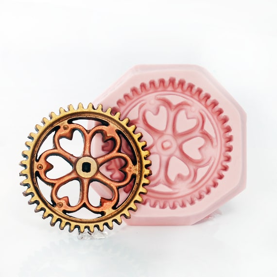 Silicone Mold Large Gear Cog with Heart Shape Filigree Steampunk Mold  Food Safe Fondant Chocolate Mold  Resin Polymer Clay Epoxy Clay (555)