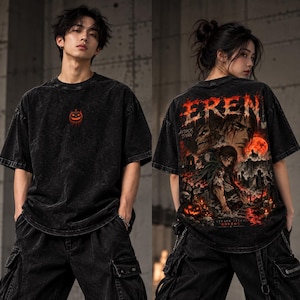 Eren Yeager-skjorta, Attack on Titan Halloween Anime-t-shirt, Mineraltvättad överdimensionerad streetwear-t-shirt