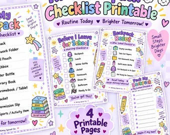 Checkliste für Kinderrucksack zum Ausdrucken, visueller Schulablaufplan (digitaler Download)