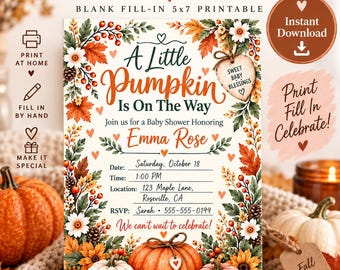 Einladung zur Babyparty mit kleinem Kürbis, Herbstmotiv, 5x7 Zoll, zum Ausdrucken (Digitaler Download)