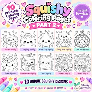 Könnte beinhalten: Eine digitale Sammlung von 10 ausdruckbaren Malvorlagen mit dem Titel Squishy Coloring Pages Part 2. Das Blatt zeigt schwarz-weiße Strichzeichnungen von niedlichen Charakteren, darunter Butter, ein Knödel, ein Wassertropfen, ein Teddybär, ein Netzball, eine Blume, Erdbeermilch, Toast und zwei Seiten mit Desserts.