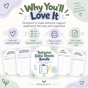May include: A digital bundle of printable behavior data sheets featuring a central cover page titled Behavior Data Sheets Bundle, surrounded by four individual forms: Notes & Observations, Daily Behavior Tracking Sheet, ABC Data Sheet, and Behavior Goal Tracking, all in a soft purple and green color palette.