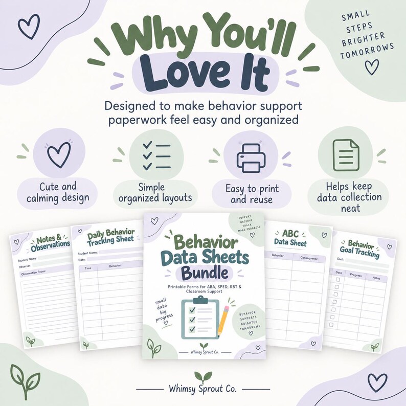 May include: A digital bundle of printable behavior data sheets featuring a central cover page titled Behavior Data Sheets Bundle, surrounded by four individual forms: Notes & Observations, Daily Behavior Tracking Sheet, ABC Data Sheet, and Behavior Goal Tracking, all in a soft purple and green color palette.
