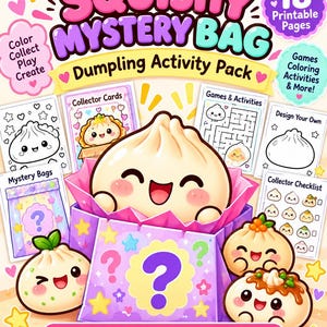 Squishy Mystery Bag Printable Activity Pack | Kawaii Dumpling Coloring Pages, Collector Cards & Games