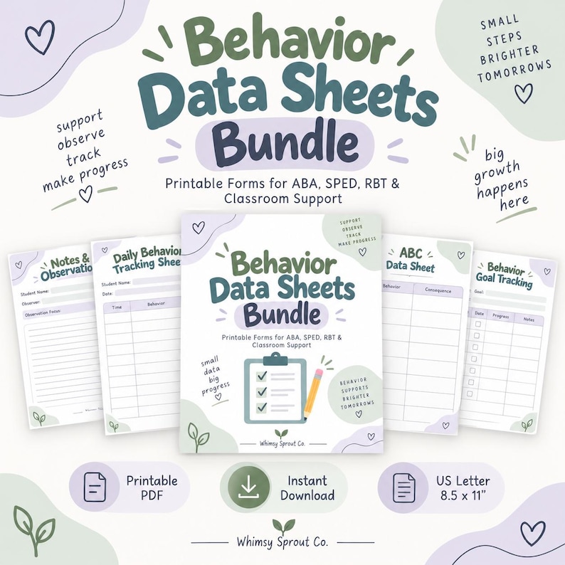 May include: A printable Behavior Data Sheets Bundle featuring multiple pages for ABA, SPED, and RBT classroom support. The documents include notes, daily tracking, ABC data, and goal tracking sheets, all formatted for 8.5 x 11 inch US Letter paper.