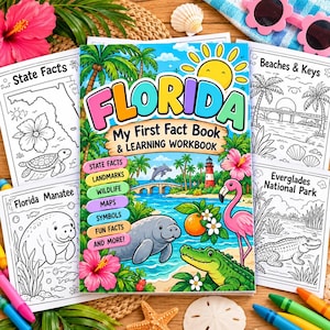 May include: A Florida My First Fact Book & Learning Workbook with a colorful cover featuring a manatee, flamingo, alligator, orange, and lighthouse. The book is surrounded by black and white coloring pages of Florida landmarks.