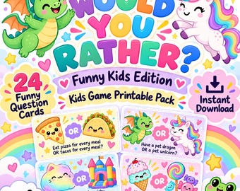 Würdest du eher...? Kinderspiel zum Ausdrucken, 24 lustige Fragekarten (Digitaler Download)